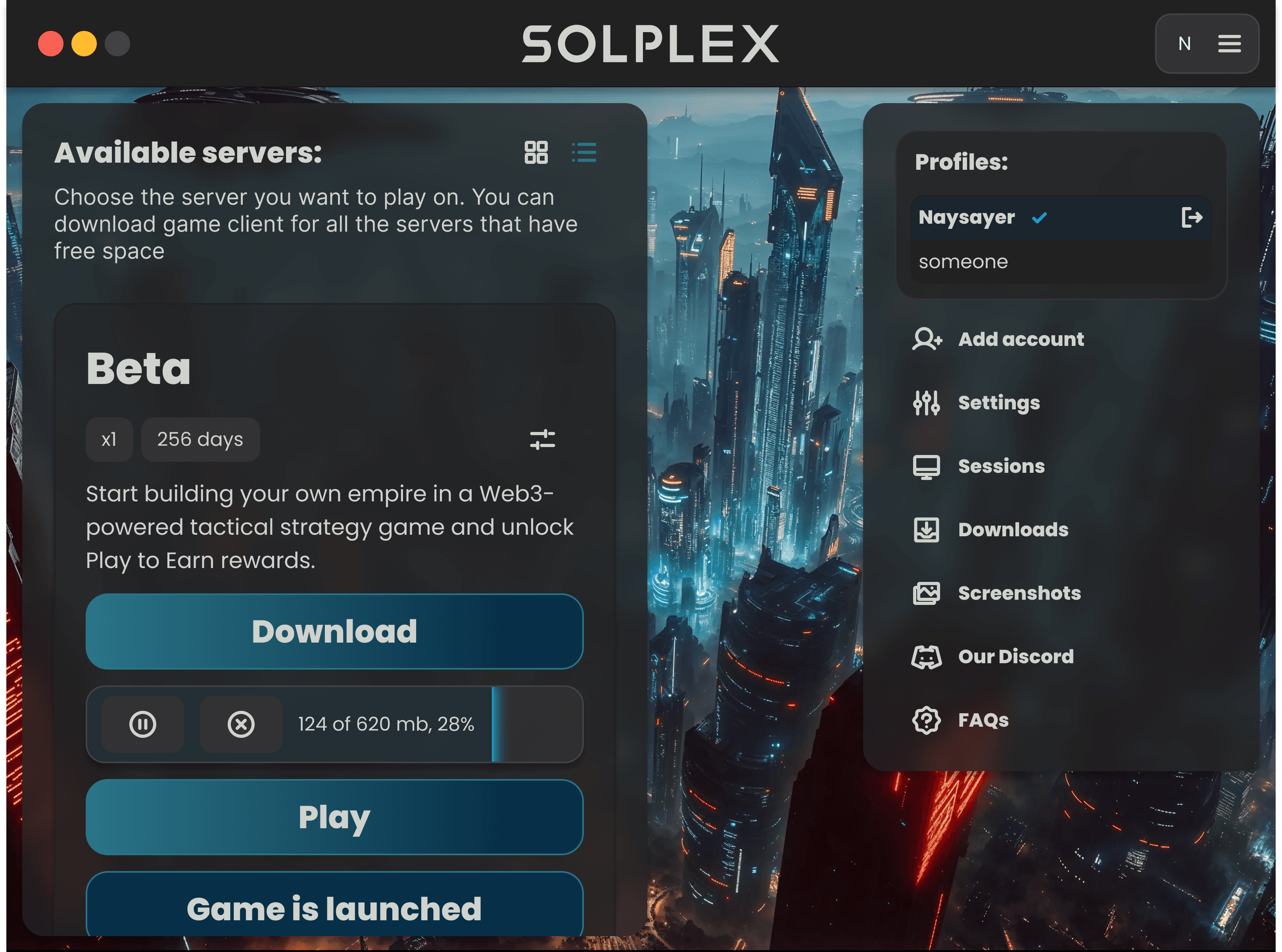 SolPlex Launcher server selection and account menu