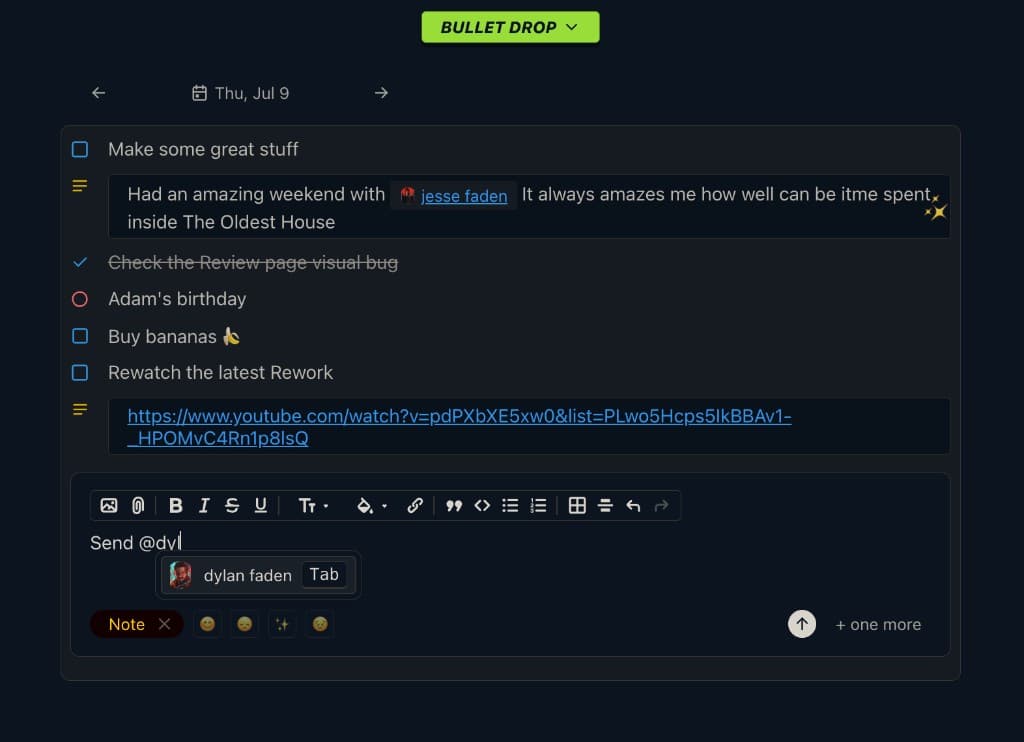 Digibujo daily log with bullet entries, rich text editor, and @mentions